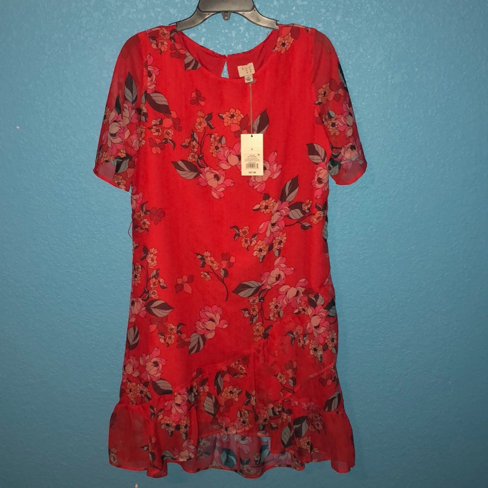 A New Day Cherry Red Floral Ruffle Midi Dress